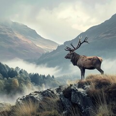 Regal stag surveying a misty mountain vista
