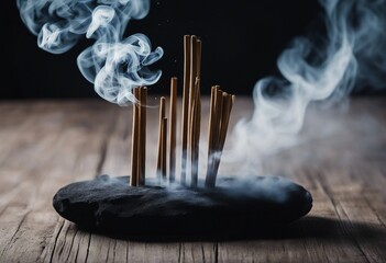 Smoke from incense sticks on a empty black stone table with black background High quality photo