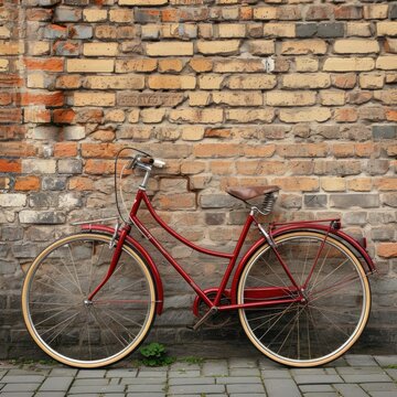Red vintage bicycle leaning against a brick wall