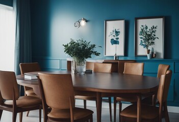 Wooden table and chairs against blue wall Mid-century style interior design of modern dining room