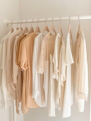 fashion visuals with racks of summer peach and white apparel, creating a stylish collection in a retail setting
