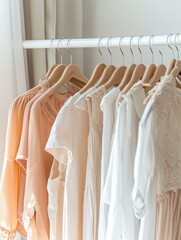 fashion shop filled with racks in inviting peach and white tones, showcasing a natural and trendy clothing collection.