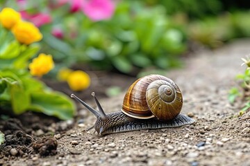 Snail slowly traversing a garden path