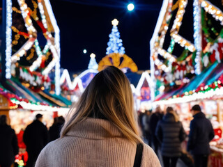 Obraz premium backview of woman enjoying the view of the christmas fair at night