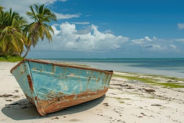 Weather-beaten rowboat resting on a tranquil beach