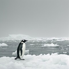 Obraz premium Solitary penguin waddling on an icy antarctic shore