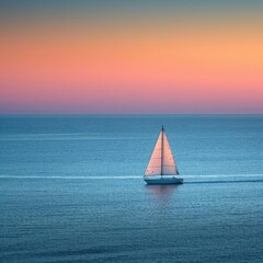 Fototapeta premium Solitary sailboat navigating the open sea at dawn