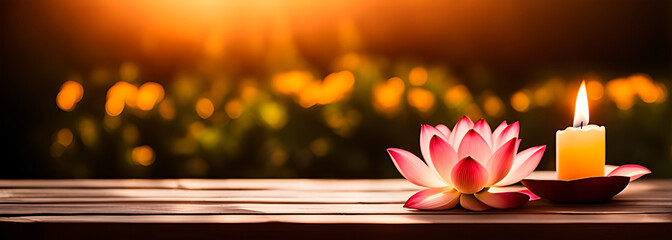 Wooden table with lotus flower and candle in the outdoors. Blurred background. Wide. Panoramic view. Copy space. 