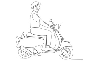 Continuous line drawing. handsome man on a scooter vector illustration