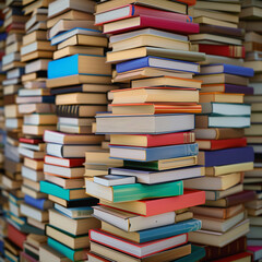 Towering pile of various books