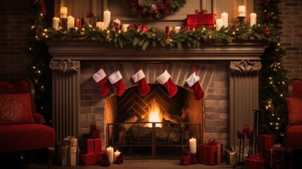 Fototapeta na wymiar a fireplace with christmas decorations and candles