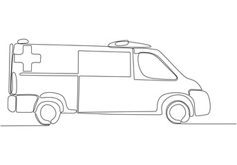 Single line drawing of hospital ambulance vehicle to save critical patient. 911 isolated minimalist concept. Dynamic one line drawing graphic design vector illustration on white background