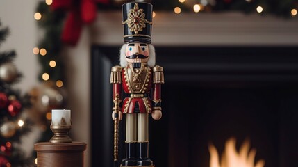 a close up of a nutcracker on a table with ornaments