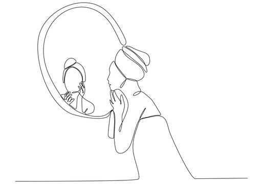 Continuous Line Drawing Of Woman In Mirror Vector Illustration