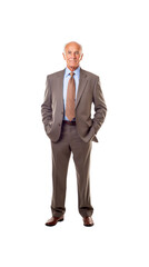 Elderly male businessman standing looking at camera, isolated, full body, transparent background.