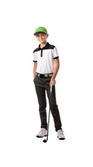 Fototapeta premium Young golfer standing looking at camera, isolated, full body, transparent background.
