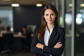 Business woman. Portrait of a caucasian, beautiful, young and happy woman in a suit standing in a modern office. Smiling female manager looking at the camera in a workplace