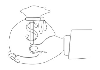 continuous line Hand holding a sack of dollar bills, vector illustration design. Hand collection.