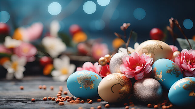 Eggs and flowers, pink and white orchid, Happy Easter Congratulatory easter background, colorful banner, spring time, Valentine day, International Women day, 8 March, 14 February, Easter, Mother day