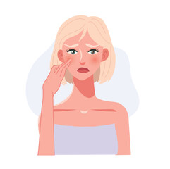 Skincare Concept.  Portrait of a Woman's Concern in Skincare in her face by touching Face.