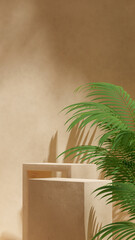 rough textured podium in portrait brown wall and palm tree, rendering 3d blank space
