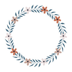 Fototapeta na wymiar Hand-drawn wreath of flowers and plant branches on a white background. Natural spring frame. Vector frame made of hand-drawn branches and flowers.