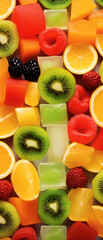 Top view of healthy eating, with kiwi fruit, watermelon, oranges and lemon. Assorted sliced cubes fruits. Diet fruit salad on a black board over black background.