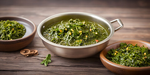 Methi saag chaulai saag Veggie leaves saute or Spinach salad with sesame seeds in bowl on wooden table