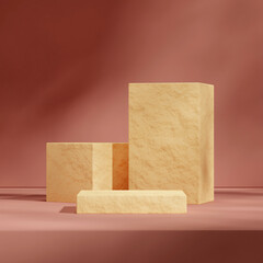 scene template rough textured brown podium in square minimal red wall, 3d render image
