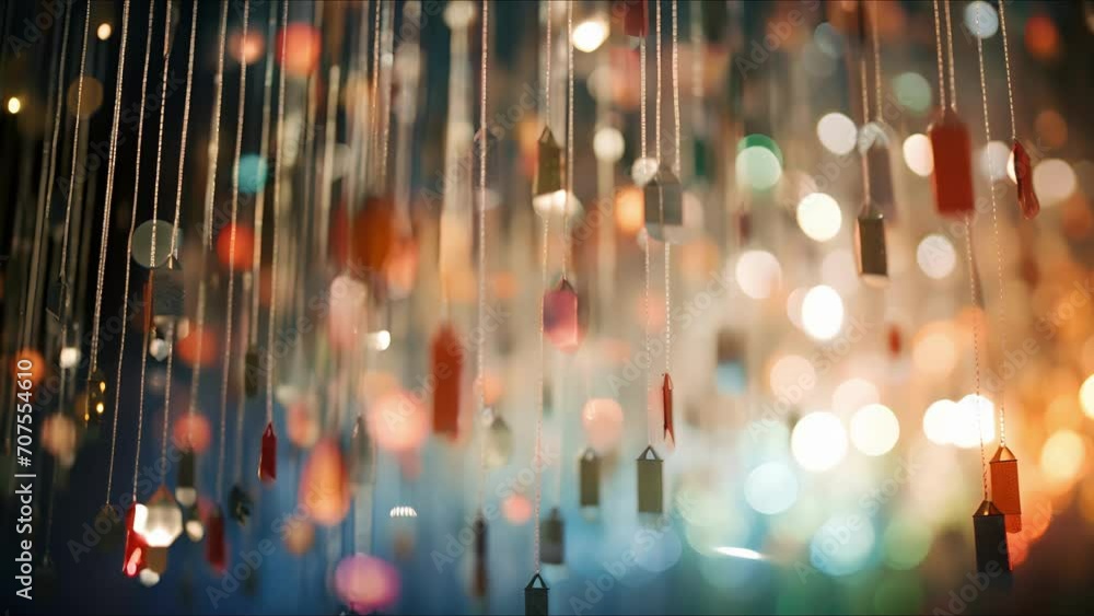 Aufkleber closeup of delicate strings hanging and swaying in a tranquil interactive art installation.