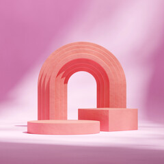 red textured podium in square arch and pink curved wall, 3d render mockup template
