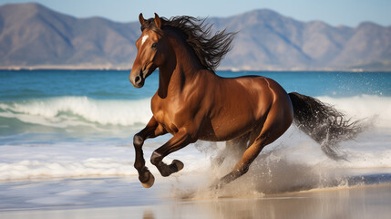 horse running in freedom at the beach, brown horse galloping free at the beach