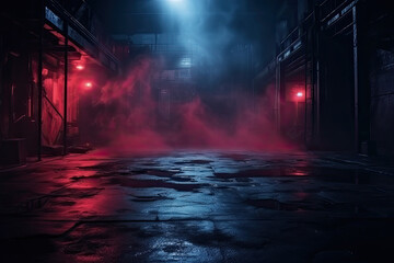 Neon-Lit Dark Street Scene: Night View with Smoke and Spotlights on Asphalt - Atmospheric Studio Room Background