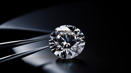 brilliant cut diamond held by tweezers on Luxury Black Background. - obrazy, fototapety, plakaty