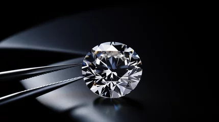 Photo sur Plexiglas Anvers brilliant cut diamond held by tweezers on Luxury Black Background.