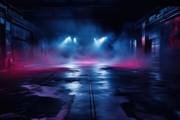 Neon-Lit Dark Street Scene: Night View with Smoke and Spotlights on Asphalt - Atmospheric Studio Room Background