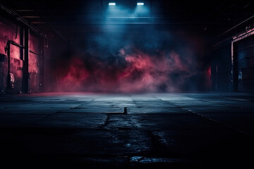 Neon-Lit Dark Street Scene: Night View with Smoke and Spotlights on Asphalt - Atmospheric Studio...