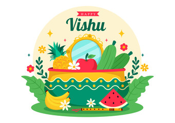 Happy Vishu Festival Vector Illustration with Krishna,Traditional Kerala Kani, Fruits and Vegetables in National Holiday Flat Cartoon Background