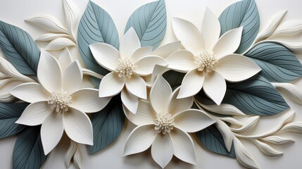 Fototapeta na wymiar White geometric floral leaves 3d tiles wall texture background