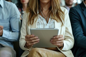 Close-up of businesswoman using digital tablet while sitting in office