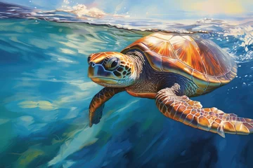 Poster Sea Turtle Serenity: A serene moment as a sea turtle glides through the water. © OhmArt