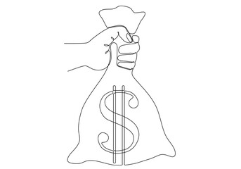 continuous line Hand holding a sack of dollar bills, vector illustration design. Hand collection.