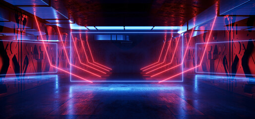 Sci Fi Cyber Blade Runner Futruristic Big Warehouse Hangar Garage Parking Underground Neon Laser Red Blue Electric Beam Lights Concrete Grunge 3D Rendering - 707557289