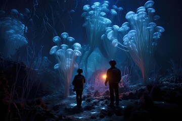 Bioluminescent Night Dive: Divers surrounded by the soft glow of bioluminescent organisms.