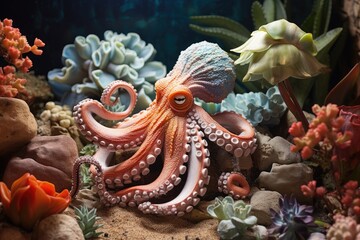 Octopus's Garden: An octopus surrounded by a garden of shells and rocks. - Powered by Adobe