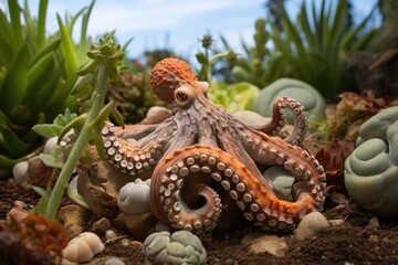 Octopus's Garden: An octopus surrounded by a garden of shells and rocks.