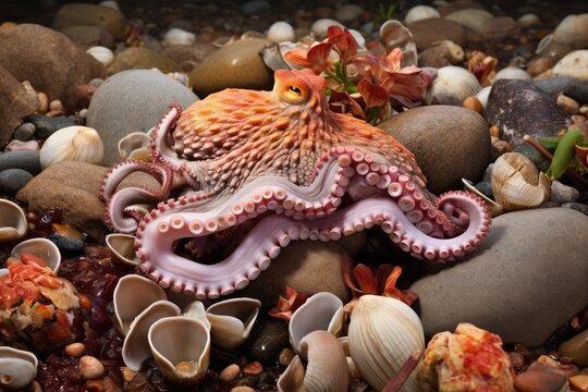 Octopus's Garden: An octopus surrounded by a garden of shells and rocks.