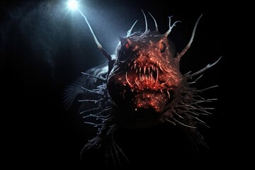 Deep Sea Anglerfish: The eerie glow of an anglerfish in the abyssal depths. - obrazy, fototapety, plakaty