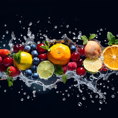 fruit in splash on black background