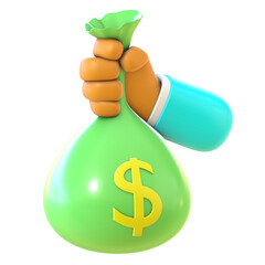 3D render of a cartoon hand icon holding a bag filled with dollar bills